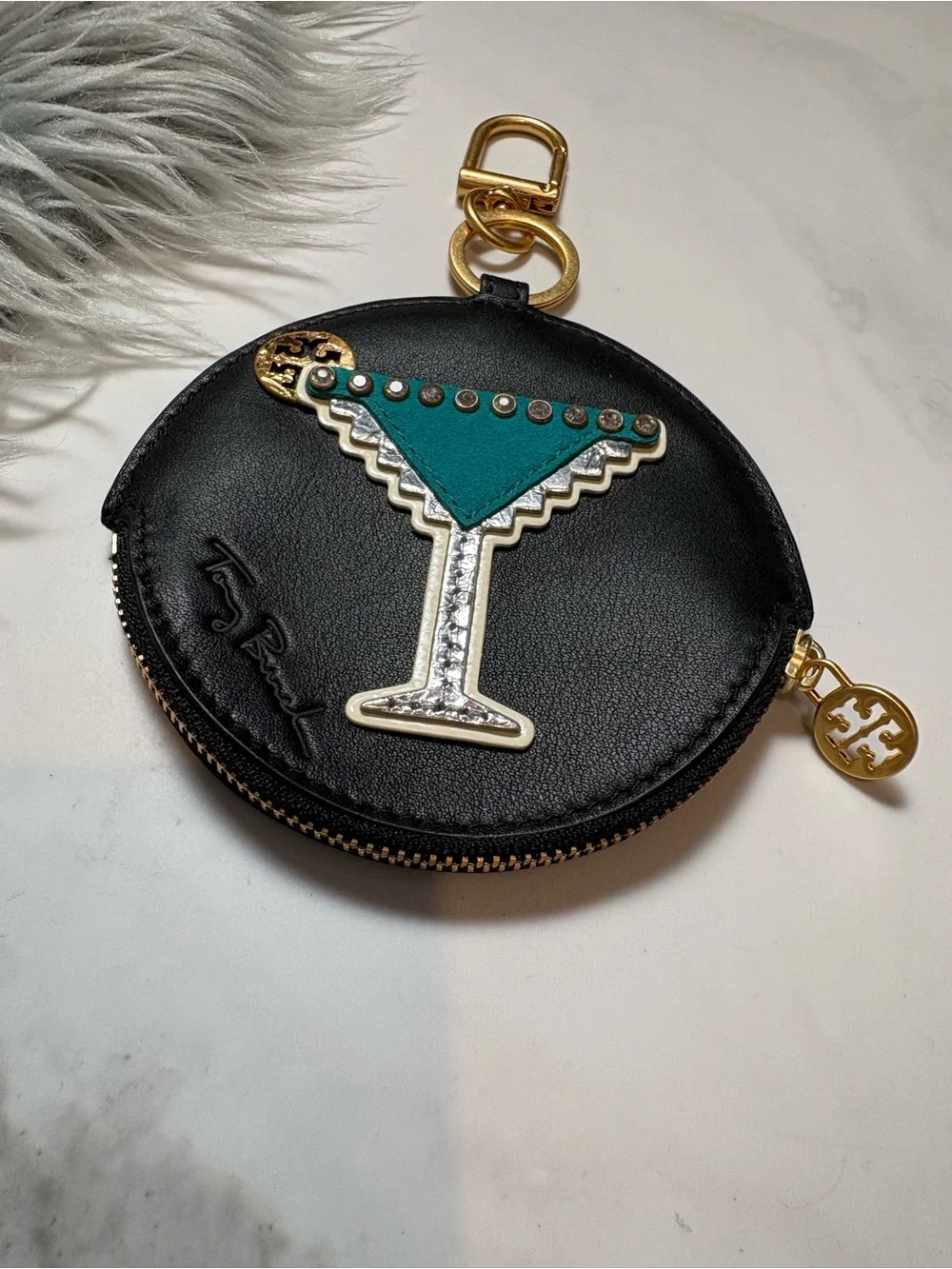 Tory Burch leather martini coin case key fob in black gold